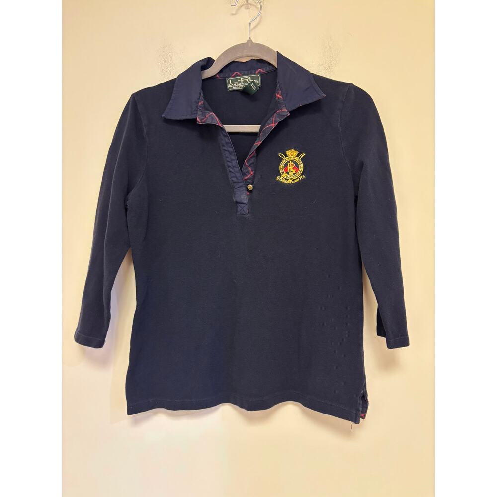 Ralph Lauren Active Embroidered Crest Knit Top Collared 3/4 Sleeves Logo Small